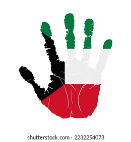 Handprint with the flag of Kuwait. Hand print, which bears the Kuwait flag. Grunge Imprint Hand in the Colors of Kuwait Flag on White Background. Vector illustration