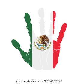 Handprint with the flag of Mexico. Hand print, which bears the Mexico flag. Grunge Imprint Hand in the Colors of Mexico Flag on White Background. Vector illustration