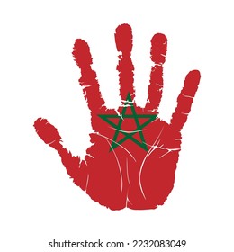 Handprint with the flag of Morocco. Hand print, which bears the Morocco flag. Grunge Imprint Hand in the Colors of Morocco Flag on White Background. Vector illustration