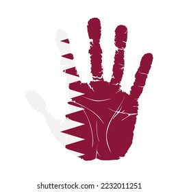 Handprint with the flag of Qatar. Hand print, which bears the Qatar flag. Grunge Imprint Hand in the Colors of Qatar Flag on White Background. Vector illustration