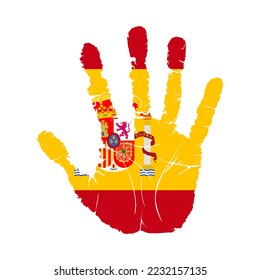 Handprint with the flag of Spain. Hand print, which bears the Spain flag. Grunge Imprint Hand in the Colors of Spain Flag on White Background. Vector illustration