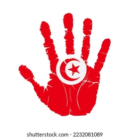 Handprint with the flag of Tunisia. Hand print, which bears the Tunisia flag. Grunge Imprint Hand in the Colors of Tunisia Flag on White Background. Vector illustration