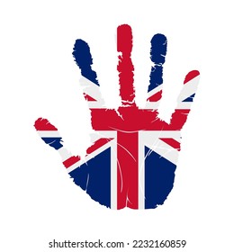 Handprint with the flag of United Kingdom. Hand print, which bears the United Kingdom flag. Grunge Imprint Hand in the Colors of United Kingdom Flag on White Background. Vector illustration
