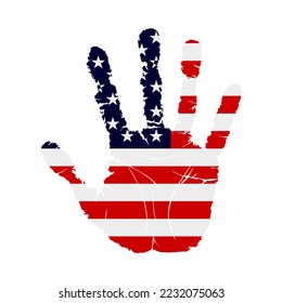 Handprint with the flag of United States. Hand print, which bears the United States flag. Grunge Imprint Hand in the Colors of United States Flag on White Background. Vector illustration