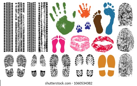 Handprint, footprint, fingerprint, print of the lips, tire tracks. Imprint set collection evidence. Vector illustration