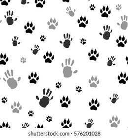 Handprint human and animal paw print seamless. Vector illustration. Isolated on white background