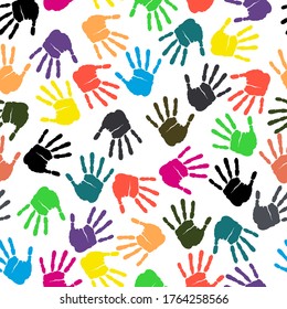 Handprint isolated on white background. Creative hands prints. Cultural diversity. Juneteenth freedom day. Seamless vector illustration of colorful human hand prints for social support and unity.