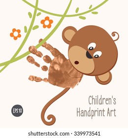 Handprint monkey climbing in the jungle. Hand painted monkey surprised. Children handprint art / crafts ideas. Kids handprint postcard. Vector eps 10 illustration isolated on white background.