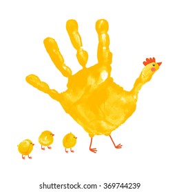 Handprint Mutter Henne mit Fingerabdruck Baby Küken. Aquarell / Acrylkinder Osterkunst. Kinder Osterkunst. Muttertagskonzept.  Vektor eps10 Illustration einzeln auf Weiß