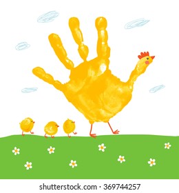 Handprint mother hen with fingerprint baby chicks. Watercolor / acrylic kids Easter art. Children Easter crafts. Mothers Day concept.  Vector eps 10 illustration isolated on white