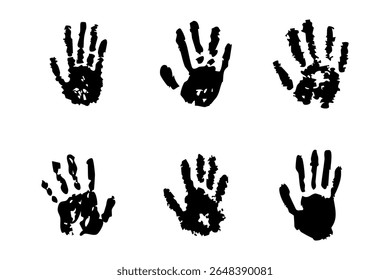 Handprint paint or ink hand stain trace. Hand shape with fingers silhouette, stamp. Set grunge imprints, human fingers and palm 