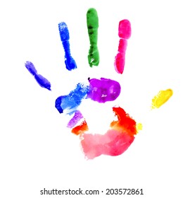 Handprint painted in several colors on white background