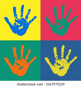 Handprint poster in flat style. Watercolor acrylic colorful kids handprints.  Kids art or crafts. Preschool  primary school design element. Vector eps 10 illustration isolated on white background.