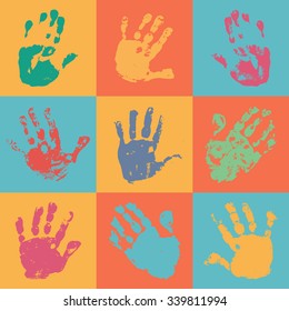 Handprint poster in flat style. Watercolor / acrylic colorful kids handprints.  Kids art or crafts. Preschool / primary school design element. Vector eps 10 illustration isolated on white background.