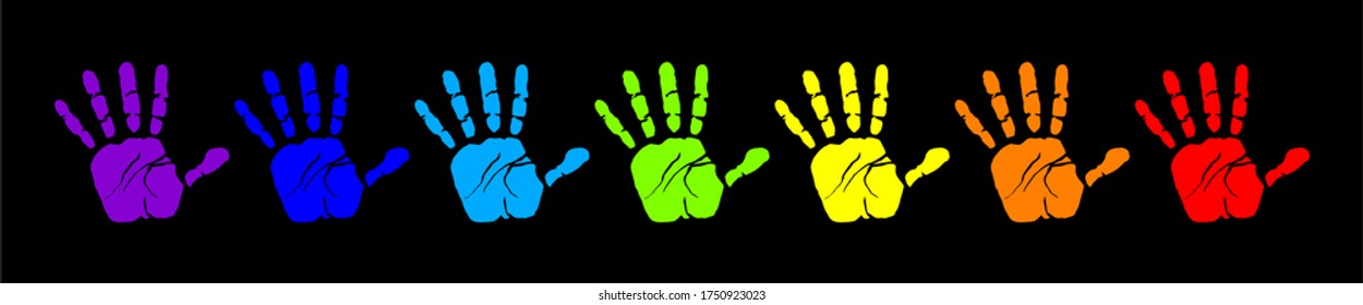 Handprint Rainbow on Black Background. Multicolor Child Handprint. Artistic Kids Stamp. Handprint Vector.