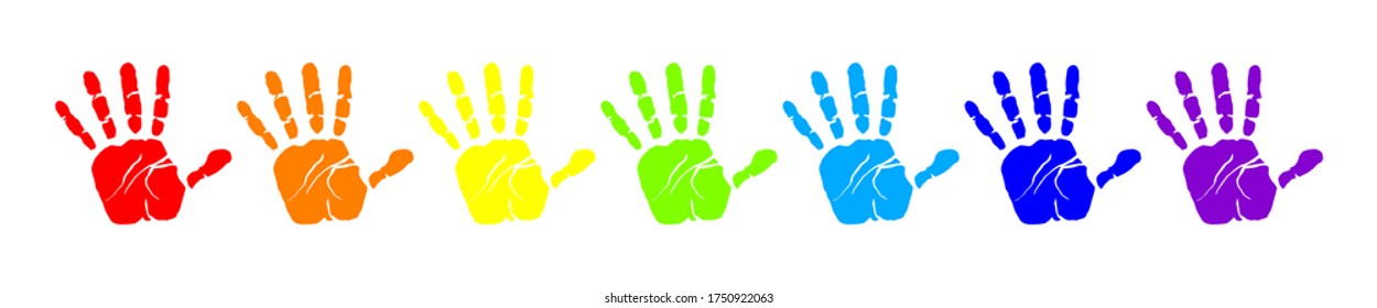 Handprint Rainbow on White Background. Multicolor Child Handprint. Artistic Kids Stamp. Handprint Vector.