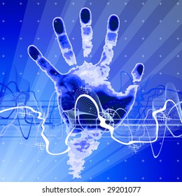 handprint & rays - blue technology background, lights and digital wave