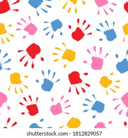 Handprint seamless pattern. Happy hand print. Funny background for design prints. Imprint stamp palm. Track hand print kid. Handprint baby. Child backdrop. Abstract wallpaper. Fun vector illustration 