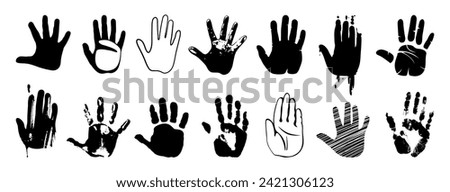 Handprint set. Black palms silhouettes, isolated hands hand drawn clipart. Baby and adult palm, memories or personal identification, neoteric vector set