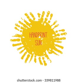 Handprint sun. Kids palm prints form the sun. Yellow hand painted sun.  Kids handprint art. Children handprint crafts. Preschool / primary school design element. Vector illustration isolated on white