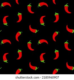 
Hand-printed red peppers. Chili are drawn in doodle style. Red peppers on a black background. Vector seamless pattern.