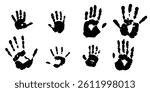 Handprints, black handprints on white background. Fingerprints. Hand scan. Handprints of the whole family