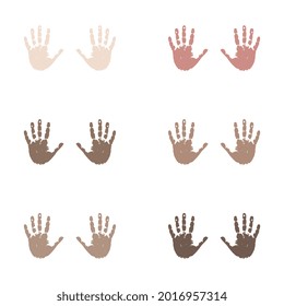 Handprints of different skin colors isolated on white background.