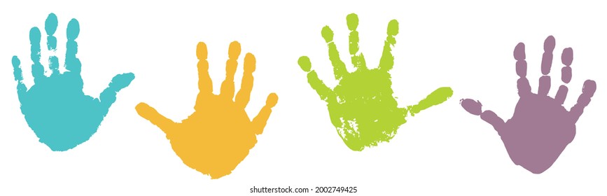 Handprints of palms of child, color set. Vector illustration.