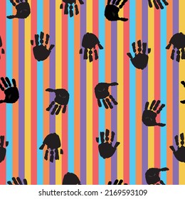Handprints Seamless Pattern on stripes background. Perfect for textile, fabrics and fashion print.