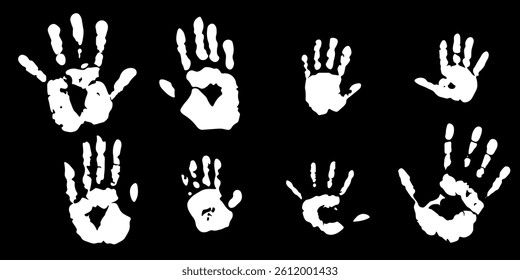 Handprints, white handprints on black background. Fingerprints. Hand scan. Handprints of the whole family
