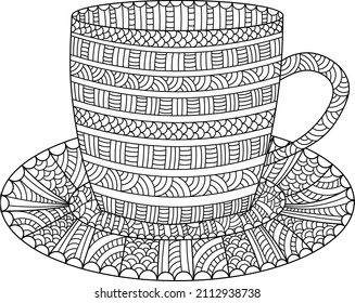 Handr drawn cup. Mug icon. Coloring page. Vector illustration. 