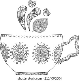 Handr drawn cup. Mug icon. Coloring page. Vector illustration. 