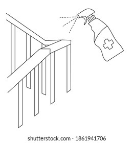 Handrail disinfection. Railing and antibacterial spray. Sanitation and hygiene sign. Disinfect bannister with sanitizer spray. Home sterilization, surface cleaning, house cleansing. Editable stroke