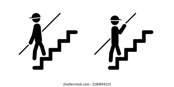 Handrail. Ladder descending, ascending. Arrow stairs climbing. Go down, up. to exit. Person, stickman, stick figure man. Downstair op upstairs logo. Cartoon steps. man going down or up.