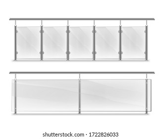 handrails with glass for advertising. Glass balustrade with metal handrails set. fencing sections with steel pillars. Panels balusters for architecture or build svg