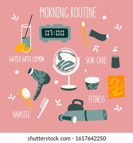 Handraw vector set.Vector cartoon illustration on the pink background with elements for morning routine. Hairstyle and fitness elements.  Flat design. All elements are isolated.