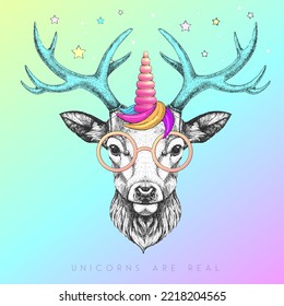 Handrawing animal deer wearing cute glasses with unicorn horn. T-shirt graphic print. Vector illustration