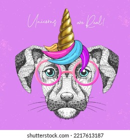 Handrawing animal dog wearing cute glasses with unicorn horn. T-shirt graphic print. Vector illustration