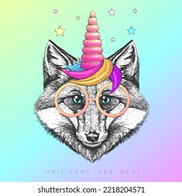 Handrawing animal fox wearing cute glasses with unicorn horn. T-shirt graphic print. Vector illustration