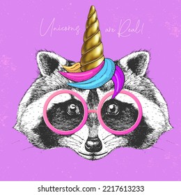 Handrawing animal raccoon wearing cute glasses with unicorn horn. T-shirt graphic print. Vector illustration