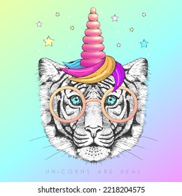 Handrawing animal tiger wearing cute glasses with unicorn horn. T-shirt graphic print. Vector illustration