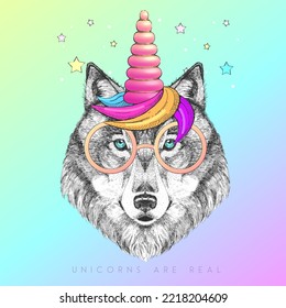 Handrawing animal wolf wearing cute glasses with unicorn horn. T-shirt graphic print. Vector illustration