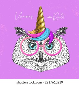 Handrawing bird owl wearing cute glasses with unicorn horn. T-shirt graphic print. Vector illustration