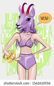 Handrawing, Cute, colorfull vector illustration of a goat girl in underwear
