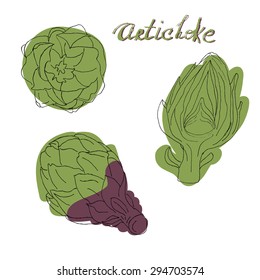 Handrawn artichoke in three points of view. Design elements.