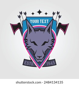 Handrawn Badge Emblem Wolf Head with Axe and Arrow Concept Vector Design Illustration