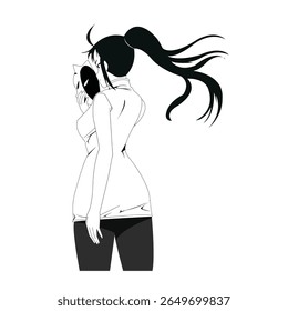 Handrawn black and white woman assasin mask japan anime silhouette