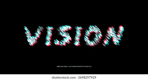 Handrawn bold pixel font distorted display typeface with RGB split and mirrored glitch effects, perfect for cyberpunk posters, tech branding, gaming titles, album covers and edgy headlines.

