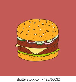 Han-drawn cartoon-style hamburger