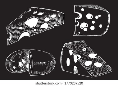 Han-drawn cheese set isolated on black, vector elements ,graphical illustration